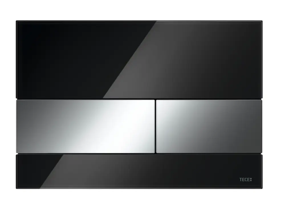 TECE-Betätigungsplatte in schwarz glänzend mit zwei Tasten in chrom. Die Platte ist rechteckig und verfügt über eine schlichte, moderne Gestaltung.